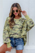 Camouflage Waffle Knit Raw Edge Trim Oversized Long Sleeve Top