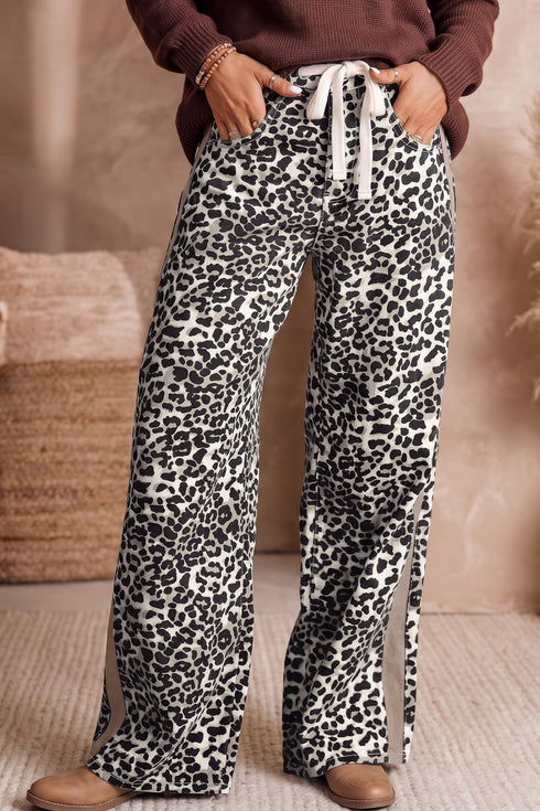 Leopard Print Drawstring Waist Straight Leg Jeans