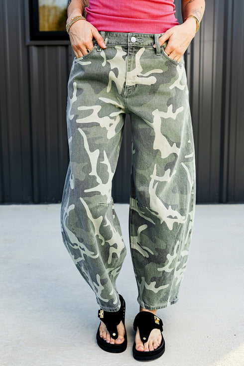 Camo Print Button Fly Straight Leg Ankle Length Jeans