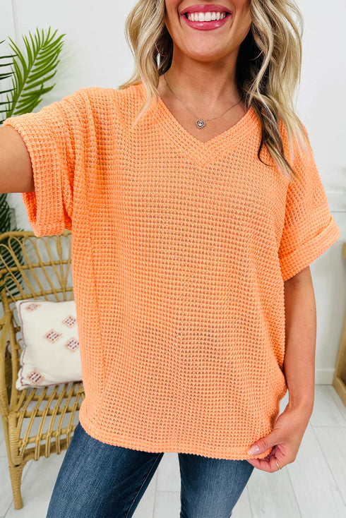 Waffle Knit V Neck Short Sleeve Solid Top