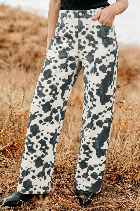 Abstract Print Metal Button Regular Fit Full Length Jeans