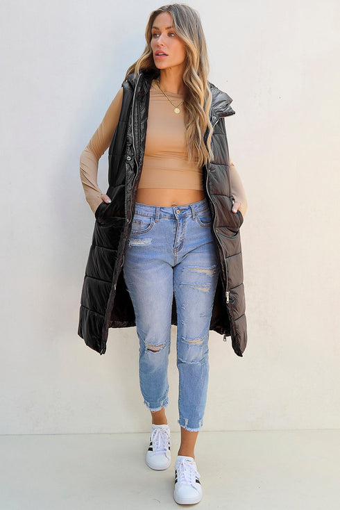 Exclusive Solid Long Quilted Hooded Puffer Vest