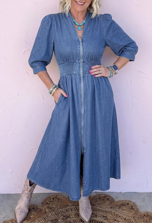 V Neck Shirred Waist Metal Zipper Denim Midi Dress