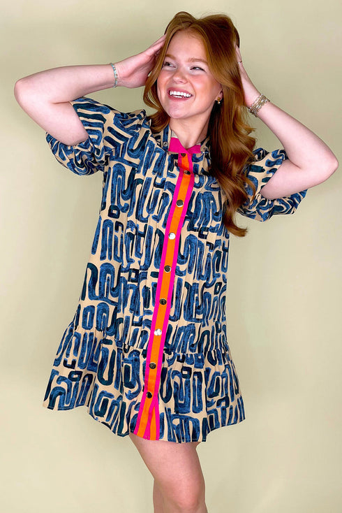 Abstract Print Bubble Sleeve Button up Mini Dress