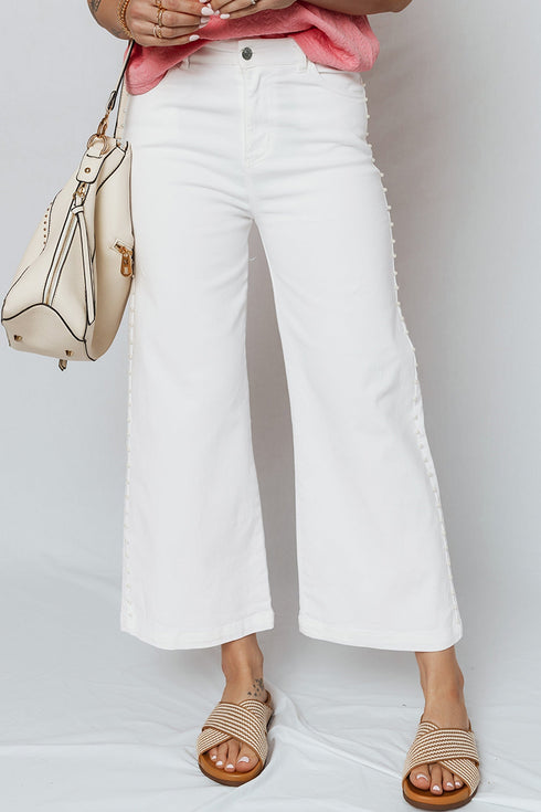 Bead Embellished Side Seam Ankle Length Wide Leg Jeans