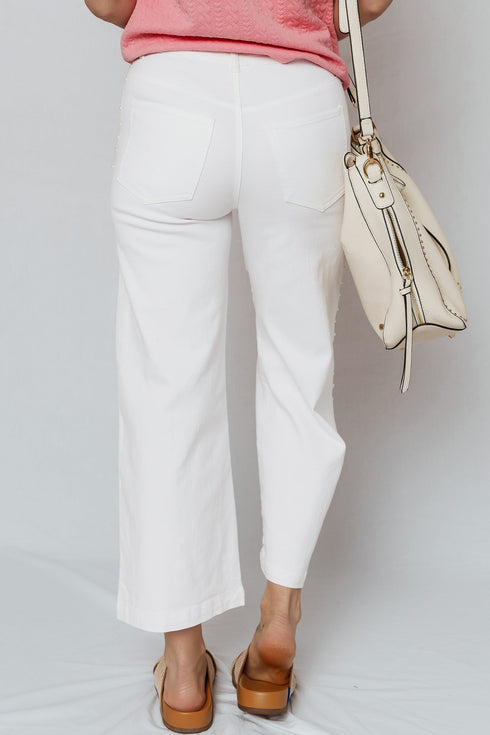 Bead Embellished Side Seam Ankle Length Wide Leg Jeans
