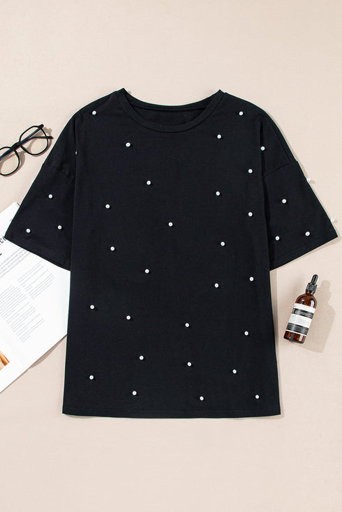 Beaded Drop Shoulder Crewneck Cotton Blend T Shirt