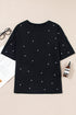 Beaded Drop Shoulder Crewneck Cotton Blend T Shirt
