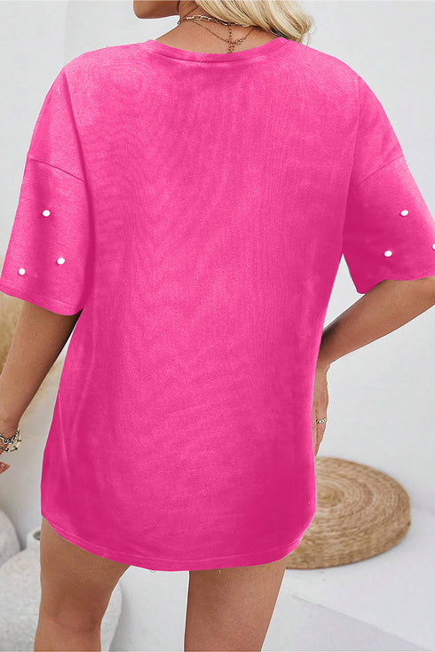 Beaded Drop Shoulder Crewneck Cotton Blend T Shirt