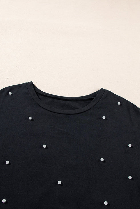 Beaded Drop Shoulder Crewneck Cotton Blend T Shirt