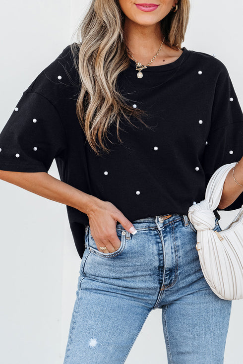 Beaded Drop Shoulder Crewneck Cotton Blend T Shirt