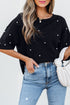 Beaded Drop Shoulder Crewneck Cotton Blend T Shirt