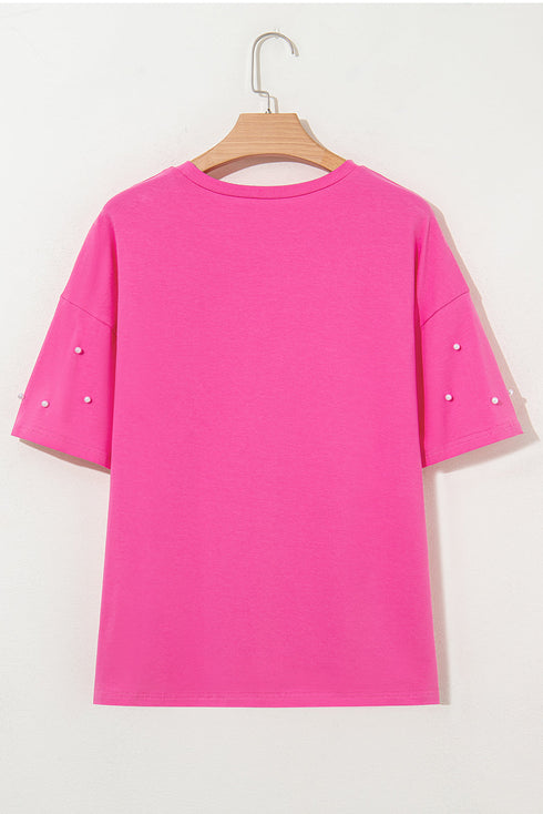 Beaded Drop Shoulder Crewneck Cotton Blend T Shirt
