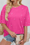 Beaded Drop Shoulder Crewneck Cotton Blend T Shirt
