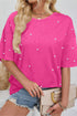Beaded Drop Shoulder Crewneck Cotton Blend T Shirt