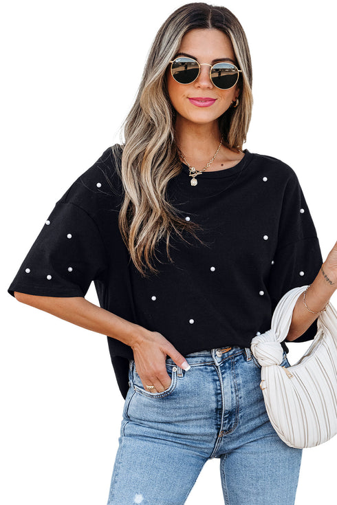 Beaded Drop Shoulder Crewneck Cotton Blend T Shirt