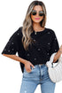 Beaded Drop Shoulder Crewneck Cotton Blend T Shirt