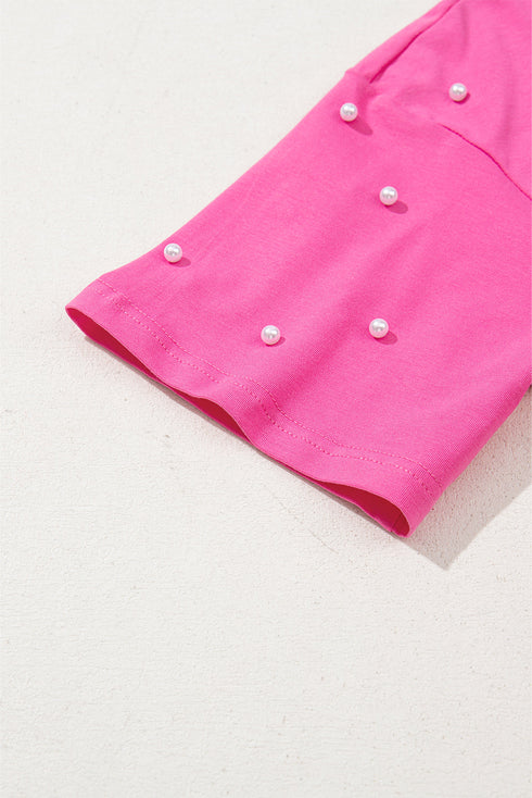 Beaded Drop Shoulder Crewneck Cotton Blend T Shirt