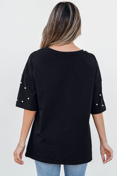 Beaded Drop Shoulder Crewneck Cotton Blend T Shirt