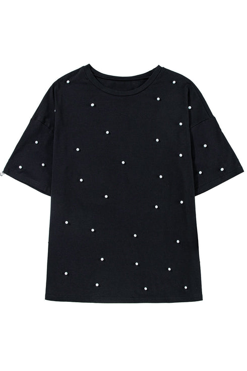 Beaded Drop Shoulder Crewneck Cotton Blend T Shirt