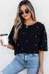 Beaded Drop Shoulder Crewneck Cotton Blend T Shirt