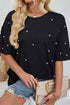 Beaded Drop Shoulder Crewneck Cotton Blend T Shirt