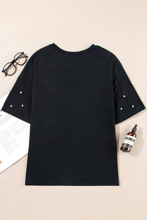 Beaded Drop Shoulder Crewneck Cotton Blend T Shirt