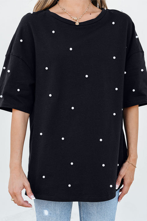 Beaded Drop Shoulder Crewneck Cotton Blend T Shirt