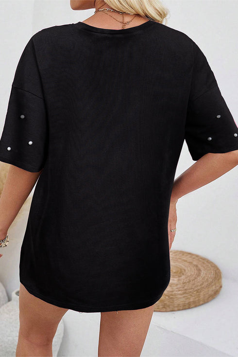 Beaded Drop Shoulder Crewneck Cotton Blend T Shirt