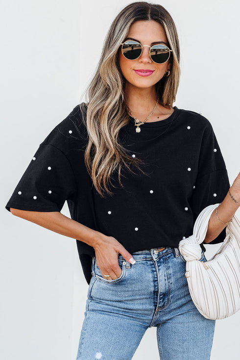 Beaded Drop Shoulder Crewneck Cotton Blend T Shirt