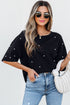 Beaded Drop Shoulder Crewneck Cotton Blend T Shirt