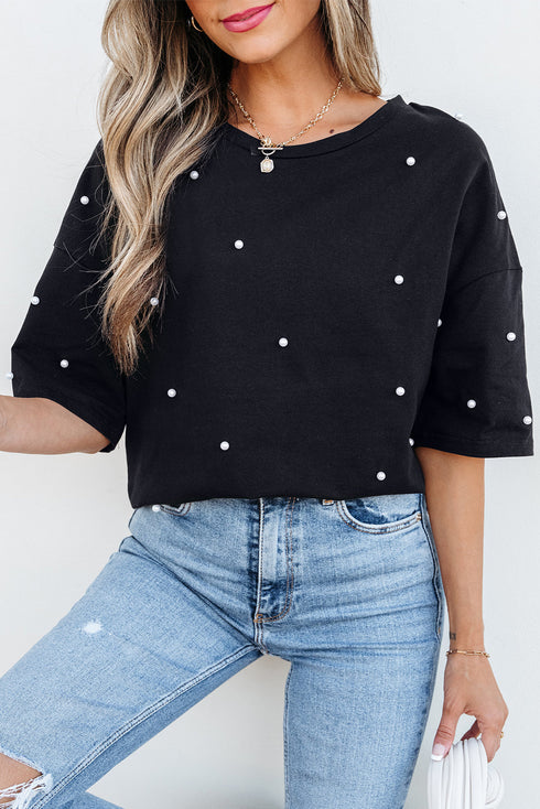 Beaded Drop Shoulder Crewneck Cotton Blend T Shirt