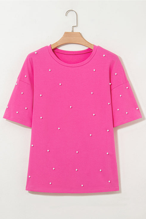 Beaded Drop Shoulder Crewneck Cotton Blend T Shirt