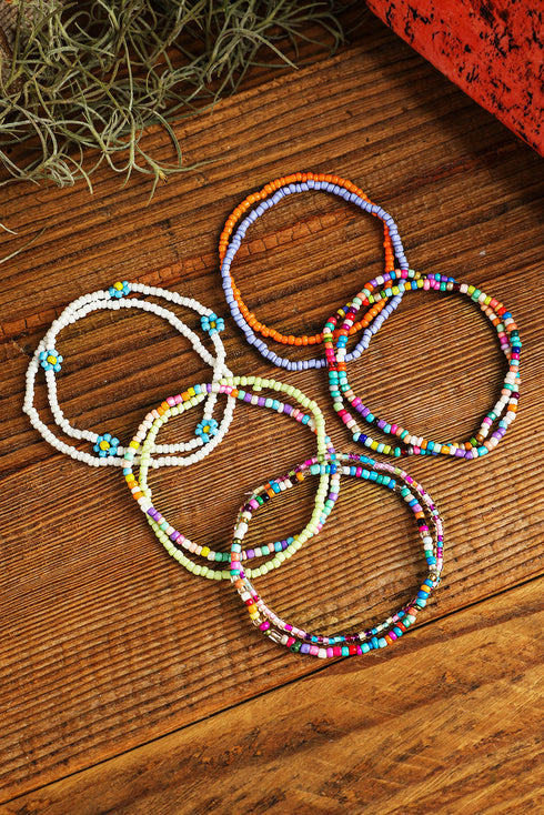 Beaded Flower Charm Multi Strand Layering Anklet Set