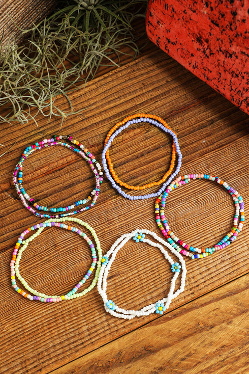 Beaded Flower Charm Multi Strand Layering Anklet Set