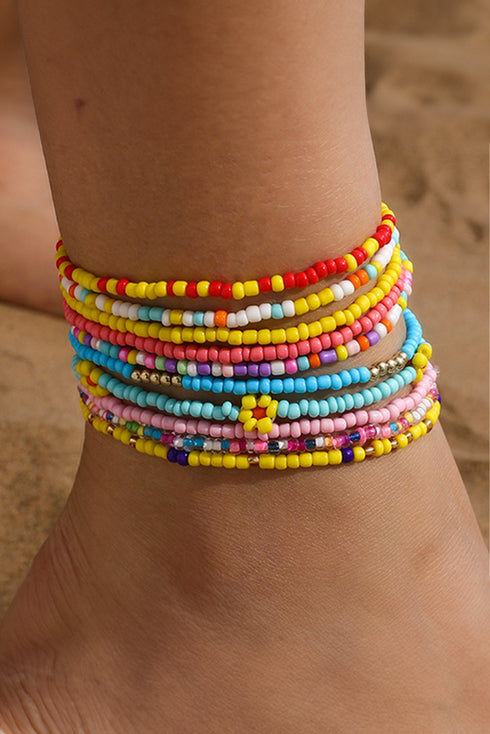 Beaded Flower Charm Multi Strand Layering Anklet Set