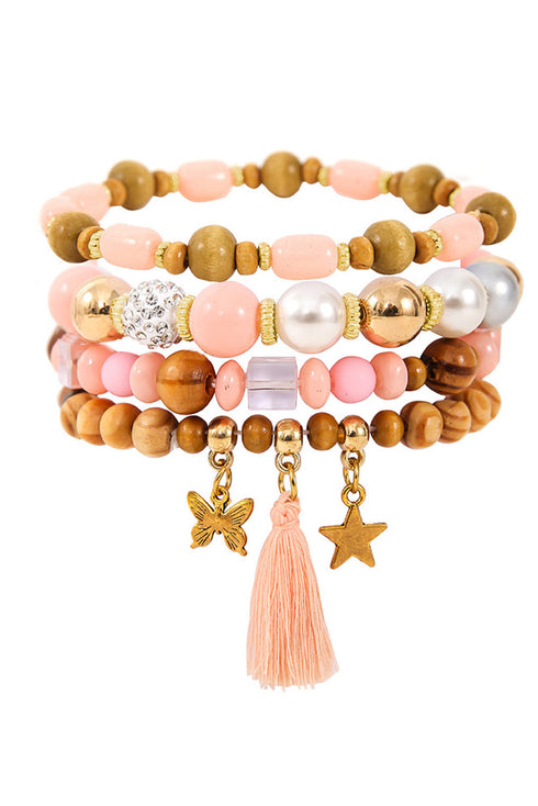 Beaded Glass Butterfly Star Pendant Tassel Bracelet Set