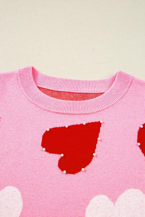 Beaded Heart Motif Crew Neck Sweater