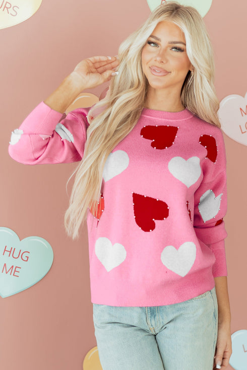 Beaded Heart Motif Crew Neck Sweater
