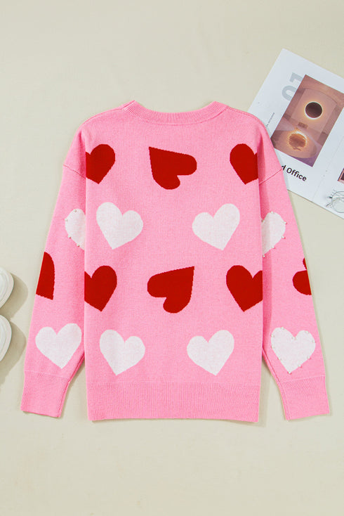 Beaded Heart Motif Crew Neck Sweater
