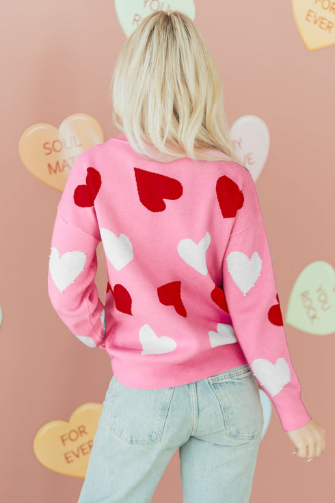 Beaded Heart Motif Crew Neck Sweater