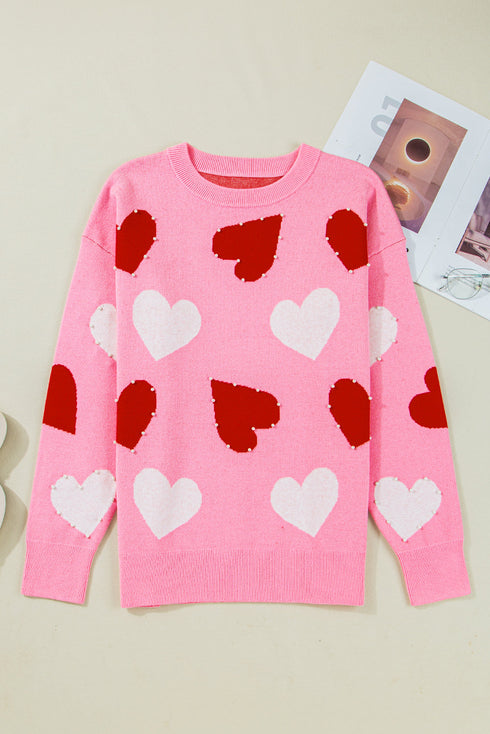 Beaded Heart Motif Crew Neck Sweater