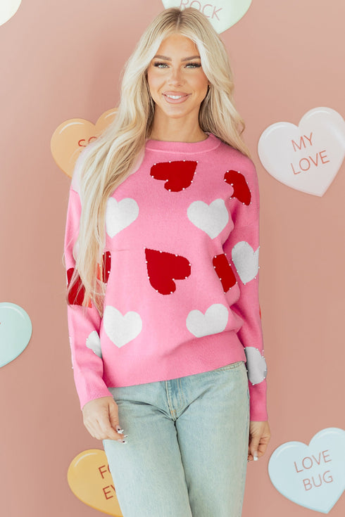 Beaded Heart Motif Crew Neck Sweater