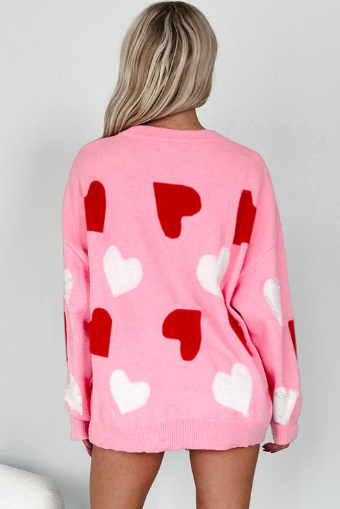 Beaded Heart Motif Crew Neck Sweater
