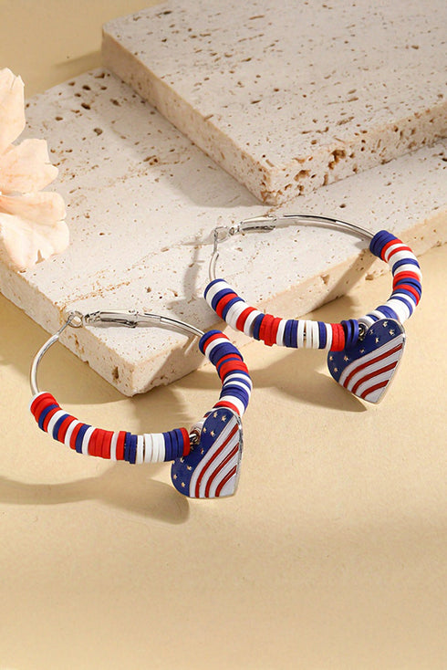 Beaded Hoop Earrings Featuring Patriotic Flag Heart Charms