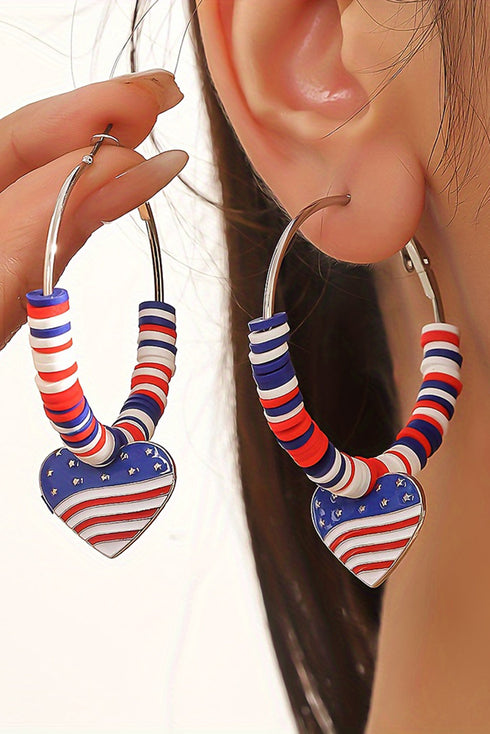 Beaded Hoop Earrings Featuring Patriotic Flag Heart Charms
