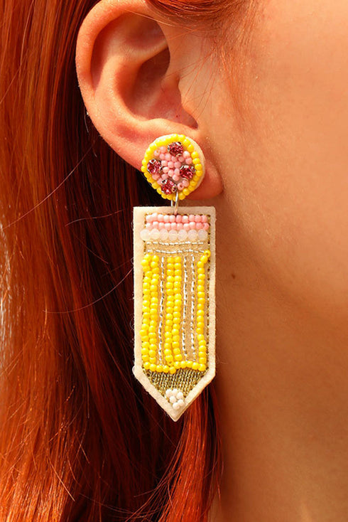 Beaded Pencil Motif Statement Dangle Earrings
