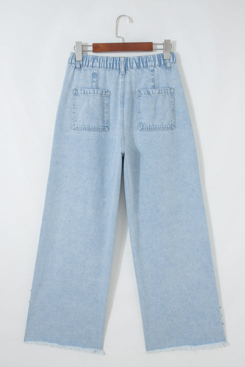Beaded Side Slit Frayed Pocketed Wide Leg Jeans
