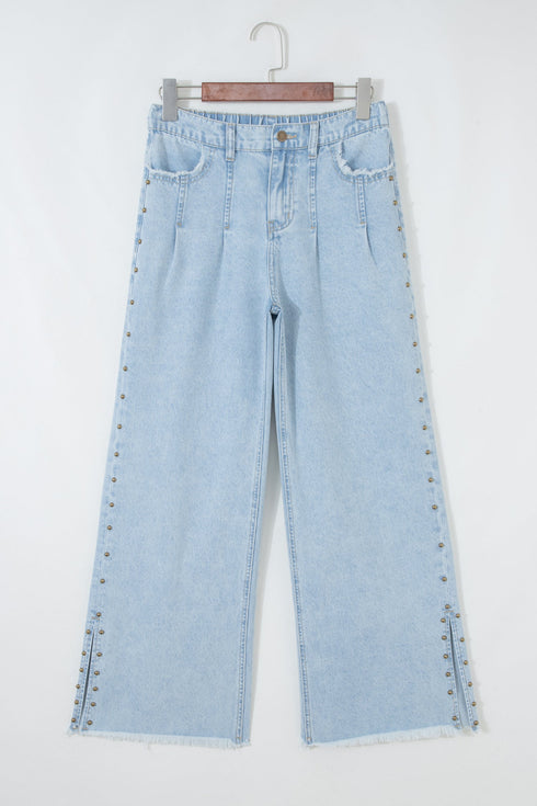 Beaded Side Slit Frayed Pocketed Wide Leg Jeans
