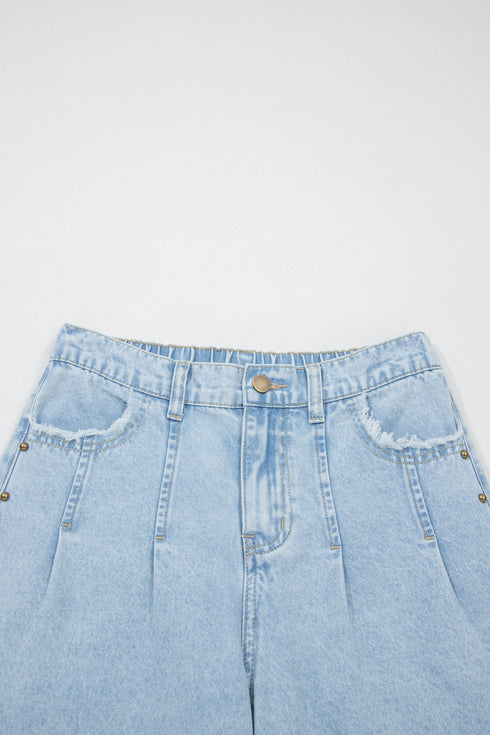 Beaded Side Slit Frayed Pocketed Wide Leg Jeans